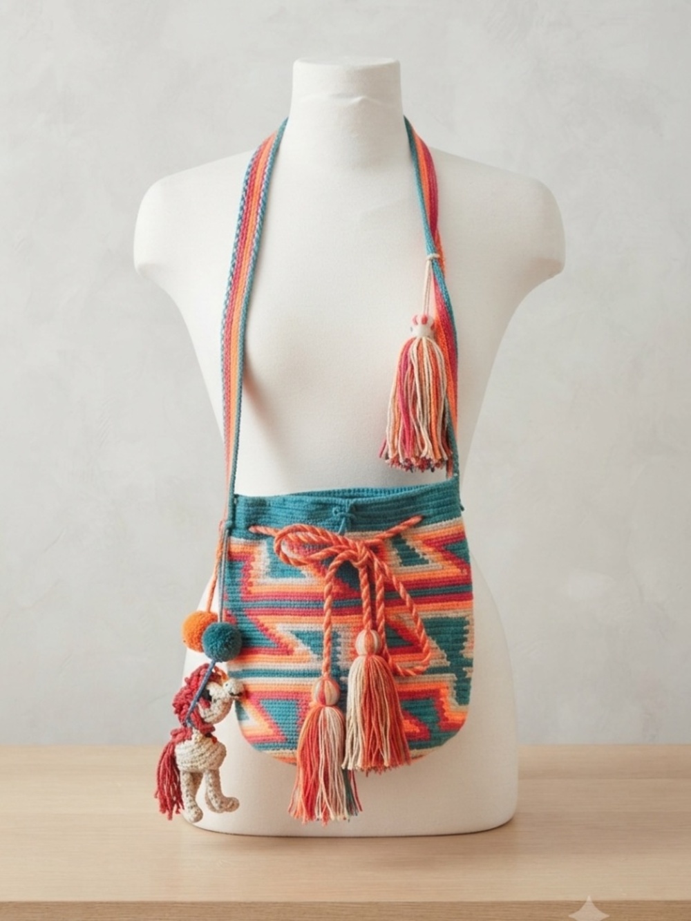 Vtg Handmade Boho Wayuu Mochila Bag - Neon Coral/Teal cross body messenger bags